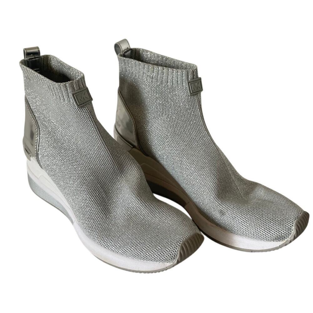 MICHAEL Michael Kors Skyler Silver Metallic Stretch Knit Sock Booties • Sz 8 ⬇️
